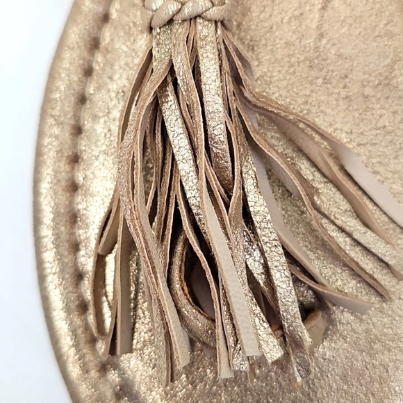 Reba Gold Leather Fringe Flat Thong Sandals w Braided Wrap-around Ankle Strap - Picture 3 of 6